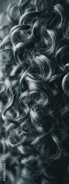 Obraz A close-up view of vibrant, textured curly hair, showcasing intricate spiral patterns and rich detail in monochrome tones.