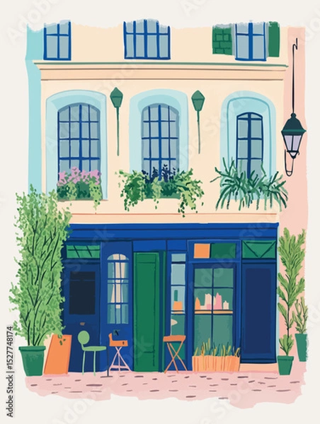 Obraz Parisian storefront with vibrant blue facade, green potted plants, expansive windows, radiating charming urban warmth and inviting ambiance
