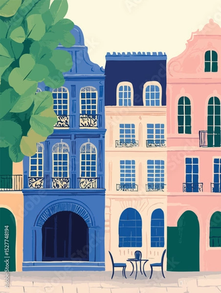 Obraz Charming european streetscape featuring pastel-hued buildings, quaint outdoor seating, capturing serene urban architectural ambiance