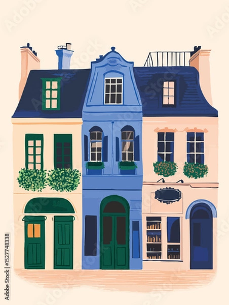 Obraz Parisian cityscape illustration featuring ornate buildings, vibrant facades, blooming window boxes, and welcoming doorways representing classic architectural elegance