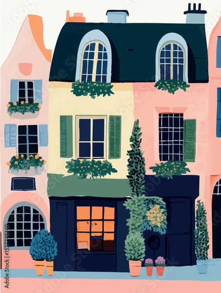 Obraz Charming European alleyway with pastel buildings, overflowing flower pots, wrought-iron balconies framing narrow cobblestone pathway, soft sunlight washing scene