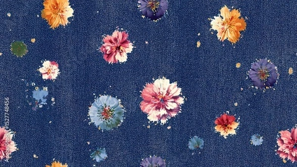 Obraz A colorful floral pattern on a denim-like background, blending nature with a classic fabric for a unique visual effect.