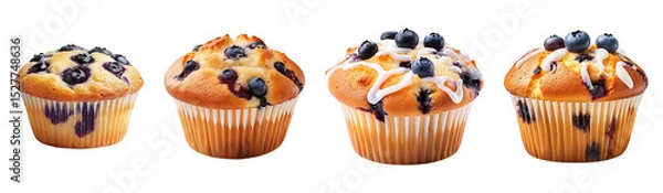Fototapeta Collection of delicious blueberry muffins, isolated on a transparent background