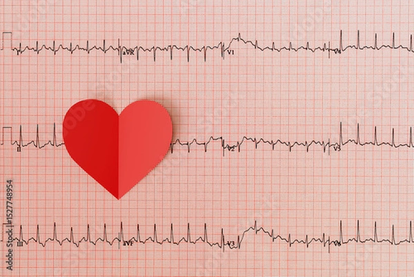 Fototapeta Heartbeat line with red heart shape on red grid background.