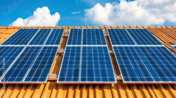Fototapeta Blue solar panels installed on orange tile rooftop under bright blue sky with white clouds providing clean renewable energy