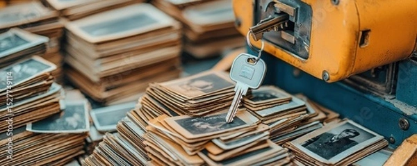 Obraz Close-up of a key duplication machine with a key inserted surrounded by organized stacks of metal keys and key tags in a workshop