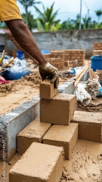 Fototapeta Close-up of a gloved hand placing a wet brown brick on a stack of freshly made mud bricks outdoors with construction materials around