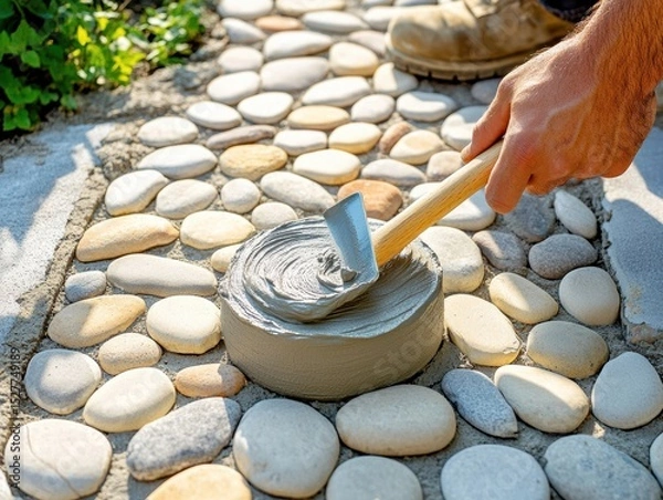 Fototapeta Close-up of hand using a wooden-handled trowel to apply smooth gray mortar on a pebble stone pathway outdoors in natural daylight