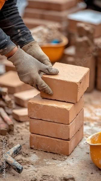 Fototapeta Close-up of hands wearing gloves stacking clean brown bricks on a dusty construction site with tools and buckets in the background