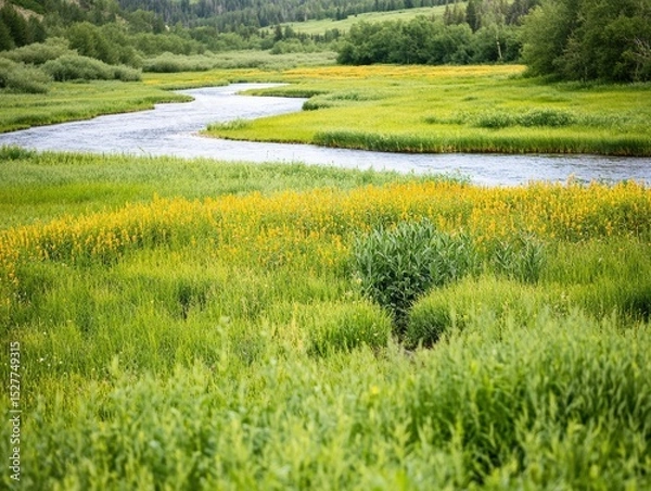 Fototapeta Curving river flowing through lush green landscape with yellow wildflowers and dense forest in the background under soft daylight