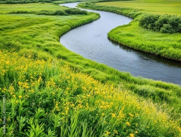 Fototapeta Curving river flowing through lush green fields with vibrant yellow wildflowers and dense grass under natural daylight