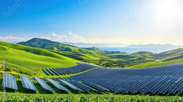 Fototapeta Expansive solar panel farm installed on rolling green hills under a bright blue sky with sunlight illuminating photovoltaic cells