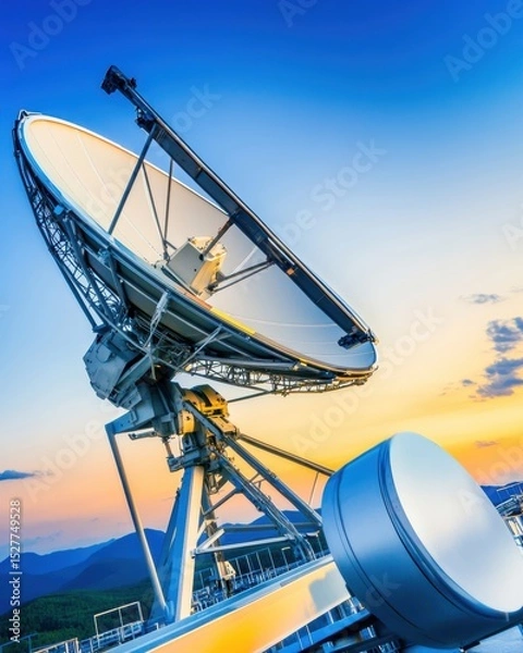 Fototapeta Large satellite dish antenna with alignment tool mounted on metal structure against clear blue sky during sunset