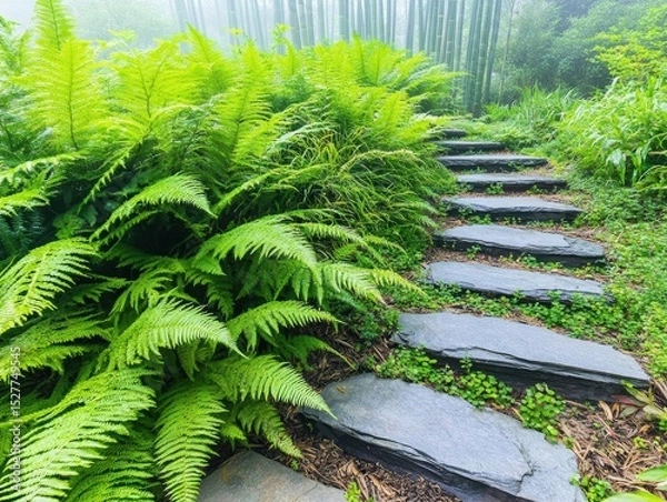Fototapeta Lush green ferns alongside natural stone steps creating a serene backyard garden design with dense foliage and peaceful outdoor pathway