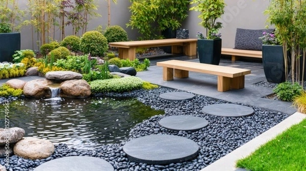 Fototapeta Modern backyard garden design layout featuring wooden benches, stepping stones, black pebbles, and a decorative pond with rocks