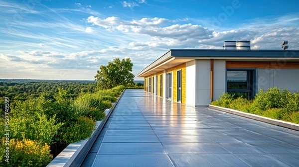 Fototapeta Modern flat roof with reflective waterproofing membrane under blue sky and surrounded by green trees in natural daylight