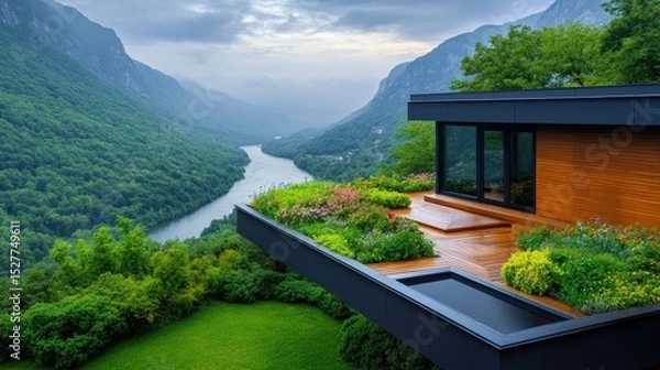 Fototapeta Modern house with wooden exterior and green rooftop garden overlooking lush valley landscape with river and mountains under cloudy sky