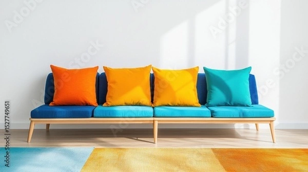 Fototapeta Modern minimalist blue sofa with bright orange and turquoise cushions set against a white wall in a well-lit interior space