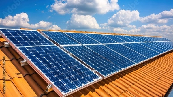 Fototapeta Rooftop solar panel array installed on terracotta roof tiles under a bright blue sky with scattered clouds during daytime