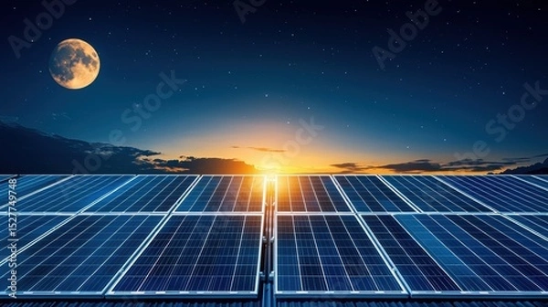 Fototapeta Rooftop solar panel array capturing sunlight during sunset with full moon and starry night sky in the background