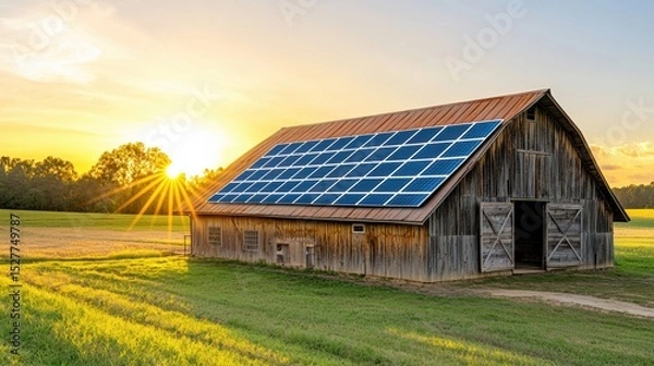 Fototapeta Rustic wooden barn with solar panels mounted on the roof at sunset in a green rural field under a clear sky