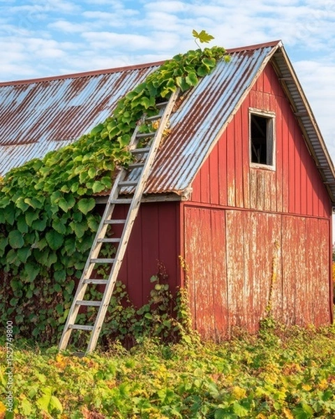 Fototapeta Rustic red wooden barn with weathered corrugated metal roof and lush green vines climbing over the ladder and side walls under a blue sky