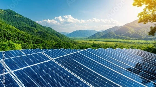 Fototapeta Solar panels installed on rooftop surrounded by green mountains under clear blue sky with sunlight and scattered clouds