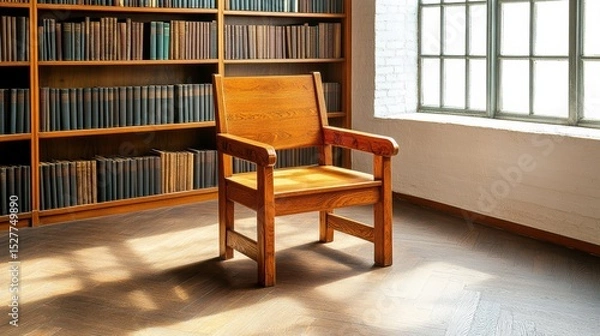 Fototapeta Solid wooden armchair with custom wood carving details placed in a bright room with a large window and bookshelf filled with books