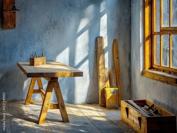 Fototapeta Sunlit rustic woodworking workshop with wooden table, hand tools, wooden planks, and toolbox on wooden floor under large window light