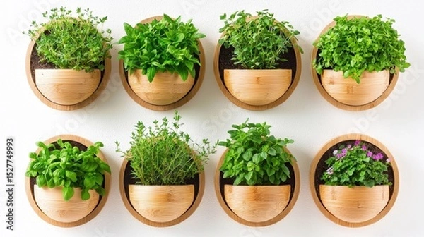 Fototapeta Top view of fresh green herbs and flowering plants arranged in wooden round planters on white wall for vertical garden decoration