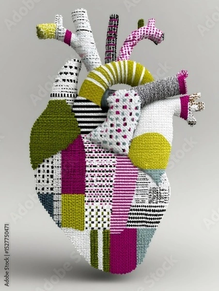 Obraz 3D model of a human heart made of colorful fabric patches, symbolizing cardiovascular health, cardiology, and medical research