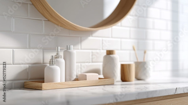 Obraz 高級ホテルのような洗面台に置かれたケア用品たち | 上品な仕上がり