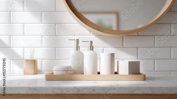 Obraz 高級ホテルのような洗面台に置かれたケア用品たち | 上品な仕上がり