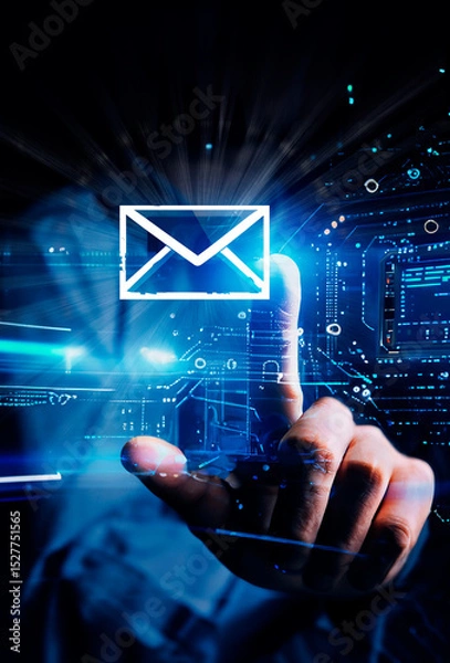 Fototapeta A TRANSHUMAN TOUCHING AN EMAIL ON A QUANTUM COMPUTER