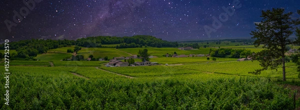 Obraz Bordeaux vineyards in Saint-Emilion shine under a clear starry sky, capturing the serene beauty of nature at night in Saint-Laurent-des-Combes with a touch of religion.