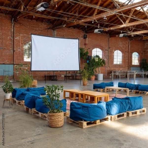 Obraz Cozy gathering space for events urban warehouse lounge setup bright interior relaxed atmosphere