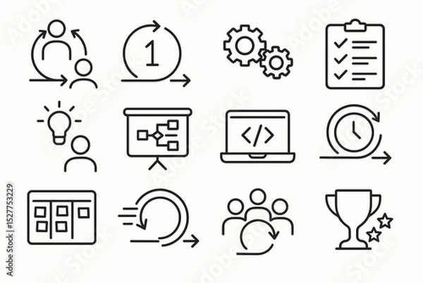 Obraz Agile project management icons set with gear, checklist, and trophy symbols