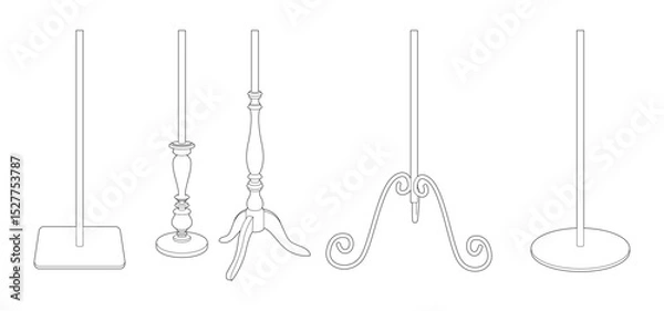 Fototapeta Vector illustration of five different metal and wooden display stands in line art style, isolated on white background. Vertical orientation.