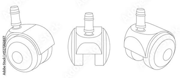 Fototapeta Vector illustration of three office chair caster wheels in different angles. Line art style. Isolated on white background. Horizontal orientation. Suitable for technical or product design.