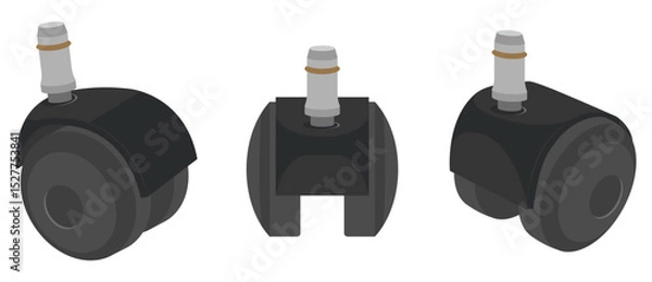 Fototapeta Office chair caster wheels set. Vector illustration of black replacement roller wheels for desk chair, front and side views. Isolated on white.
