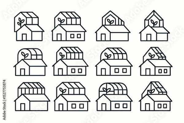 Fototapeta Set of twelve minimalist plant house icons with varying architectural designs