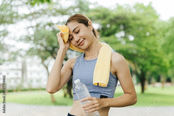 Fototapeta Fitness enthusiast cooling down after workout park photo greenery close-up health and wellness