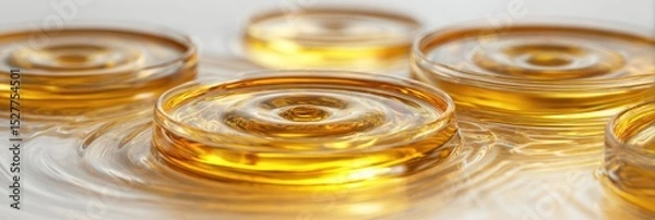 Fototapeta Golden Liquid Ripple Effect in Close-Up View, Featuring Soft Waves and Transparent Circular Patterns, Ideal for Skincare, Beverage, and Design Industries with Rich and Warm Aesthetic Tones