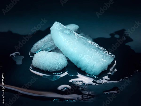 Obraz Ice melting. Melting ice chunks on dark background. Blue backlight