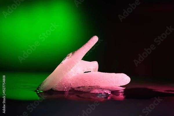Obraz Ice melting. Pieces of melting ice on a dark background. Colored green purple backlight