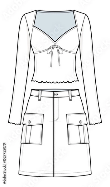 Fototapeta Sweetheart Lettuce Trim Knotted Top with Cargo Skirt Technical Fashion Illustration. Women’s Front View Outfit Vector Template. Stylish Casualwear. Cute Top and Utility Skirt Set. CAD Mockup set.
