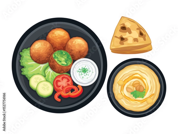 Fototapeta Falafel, hummus, pita bread and and garnish top view vector illustration. Falafel and hummus icon set isolated on a white background. Deep fried chickpea balls on a plate drawing