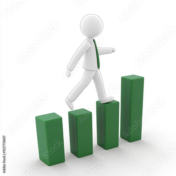 Fototapeta blank white 3D stick figure walking up green financial graph made with generative AI