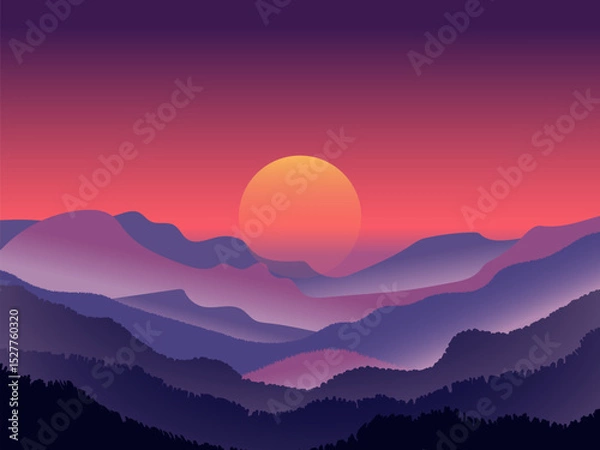 Fototapeta Sunset over layered mountain landscape with purple and pink hues creating calm mood