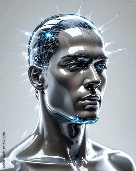 Obraz A Transparent Glass Human Head with light Beams Emerging from Within, against a Clean White Background. Concept of Insight, Understanding, enlightenment
